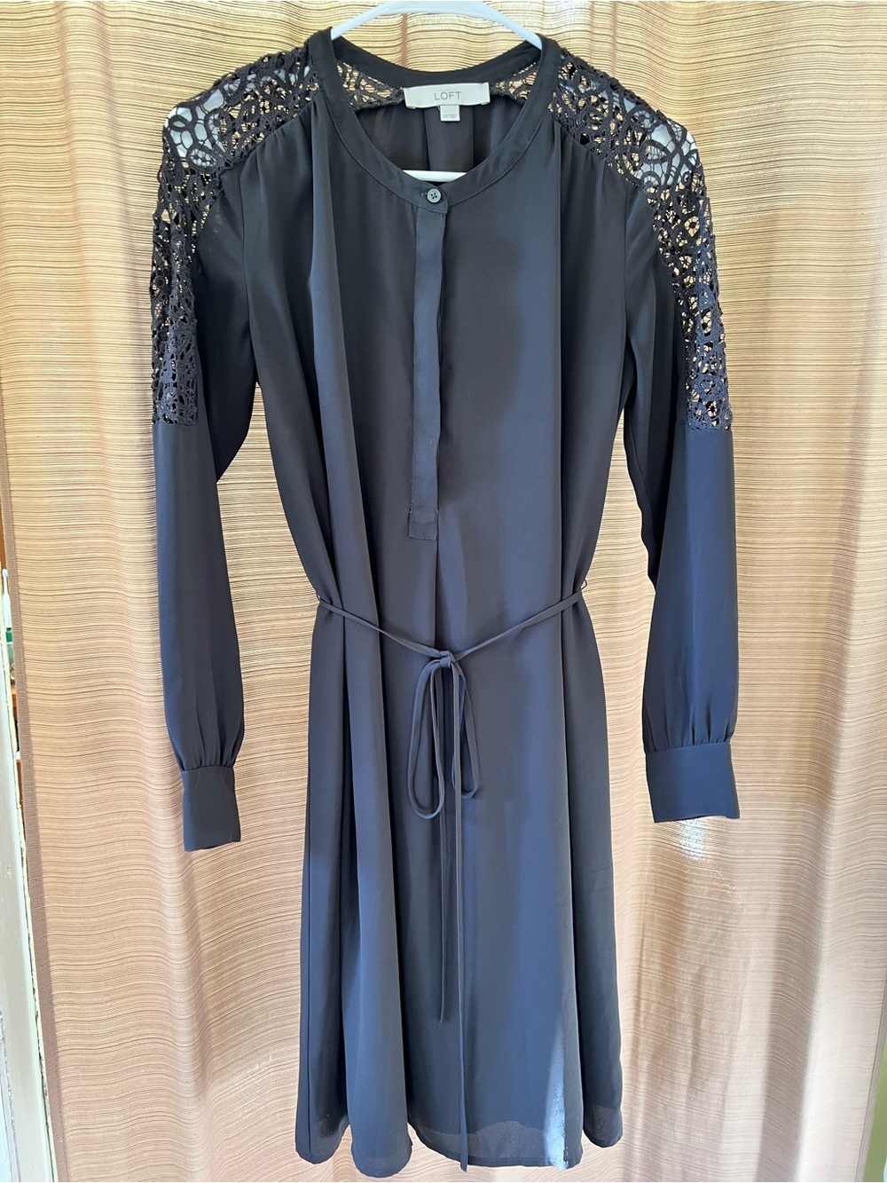 LOFT Black Long-Sleeve Lace-Shoulder Tie-Waist Dress